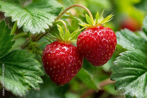 Fresh ripe strawberries hanging on plants in a lush green garden during summer harvest season