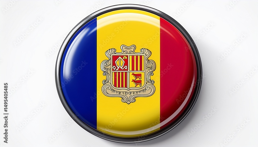 Obraz premium Runder Button mit Flagge von Andorra – glänzend, 3D-Optik, isoliert auf Weiß