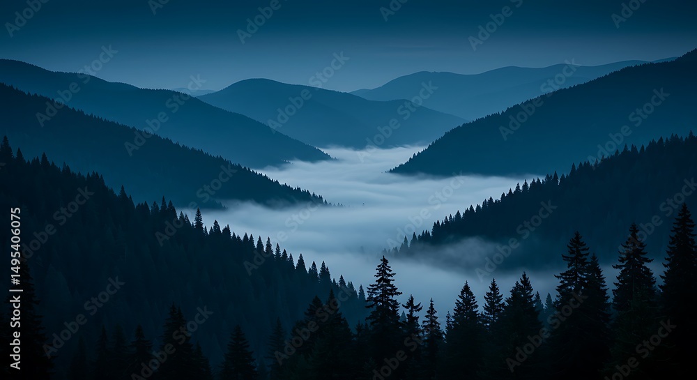 Obraz premium Misty mountain valley at dawn. Serene landscape with fog rolling through the valley. Dark blue and purple hues dominate the scene.