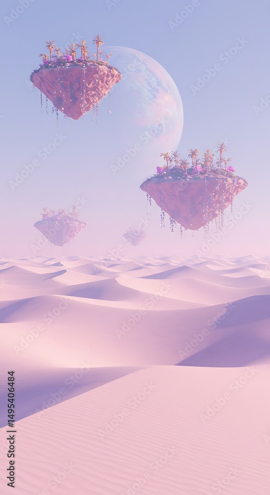 Obraz premium Surreal desert landscape with floating islands, a giant moon, and soft colors, evoking a dreamlike state