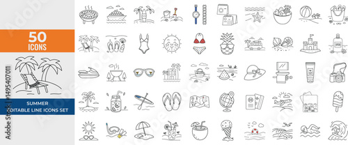 Summer Line Icons Set – Beach, Surfing, Sun, Ice Cream, Travel, Vacation, Swimsuit, Coconut, Cocktail, Sea, Suntan & Sunblock – Editable Vector Illustration
