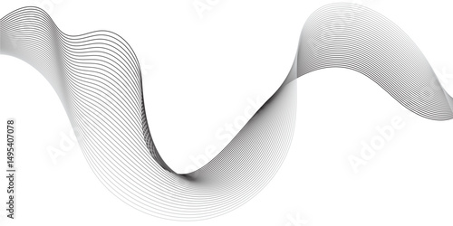 Create a minimalist abstract background featuring a smooth,monochrome wave pattern with fine gradient lines flowing across a white backdrop. The wave should appear elegant and dynamic, evoking a sense