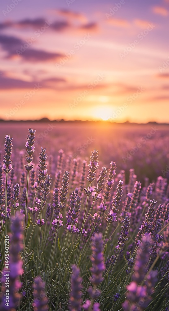 Naklejka premium A picturesque lavender field bathed in the soft glow of the setting sun. The vibrant purple flowers create a stunning contrast against the orange and pink sky