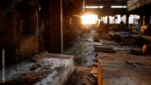 Abandoned Industrial Warehouse with Sunlight Streaming Inside
