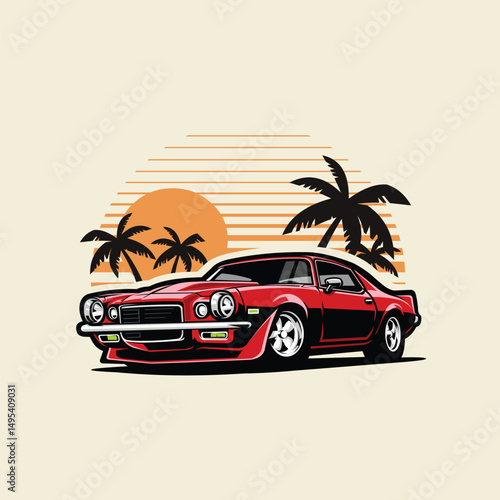 Classic American Muscle Car in Beach Vector Illustration Isolated. Best for Automotive Tshirt Design