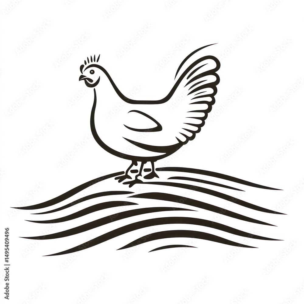 Obraz premium Stylized chicken on wavy field graphic