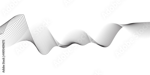 Create a minimalist abstract background featuring a smooth,monochrome wave pattern with fine gradient lines flowing across a white backdrop. The wave should appear elegant and dynamic, evoking a sense