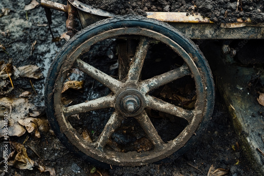 Fototapeta premium Aged wheel on a rusty cart in the mud