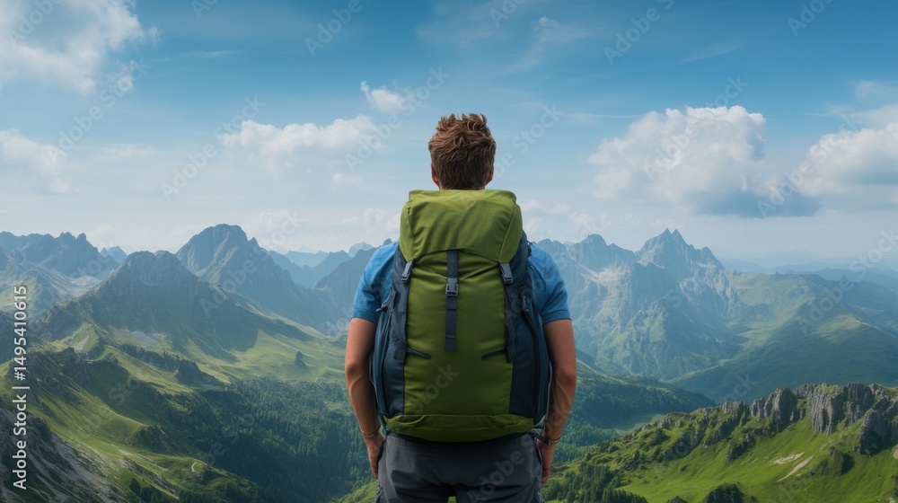 Naklejka premium Man in Blue Shirt Standing on Mountain Peak with Scenic Landscape View