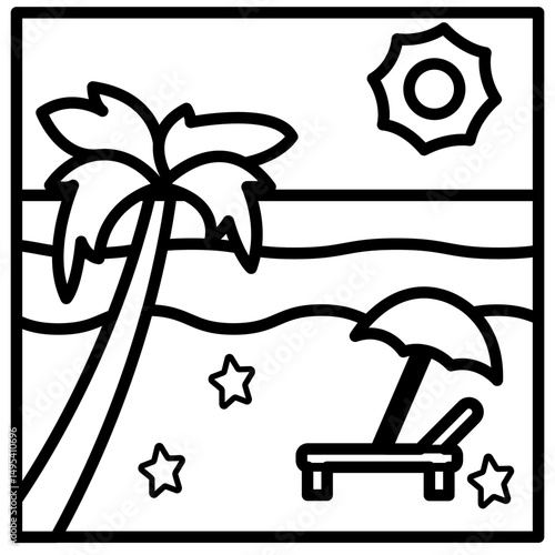 illustration of a beach with palm tree and deck chair