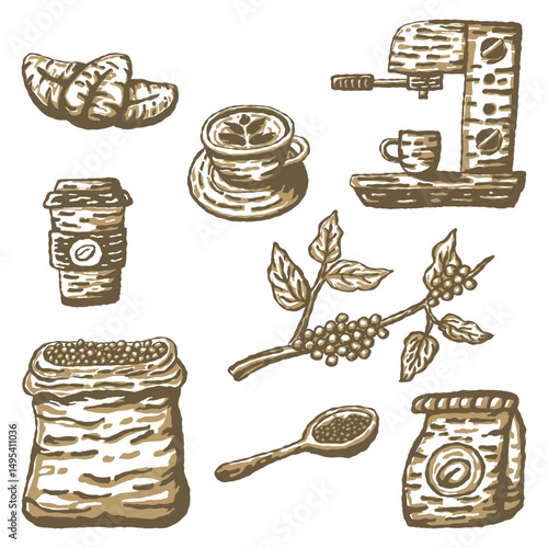Hand drawn vintage style illustration set featuring various coffee-related items, including a croissant, espresso machine, coffee cup with lemon slice, takeaway coffee cup.