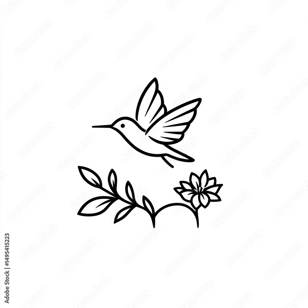 Obraz premium Simple hummingbird illustration with flower and leaves, decorative graphic, printable design, artistic representation