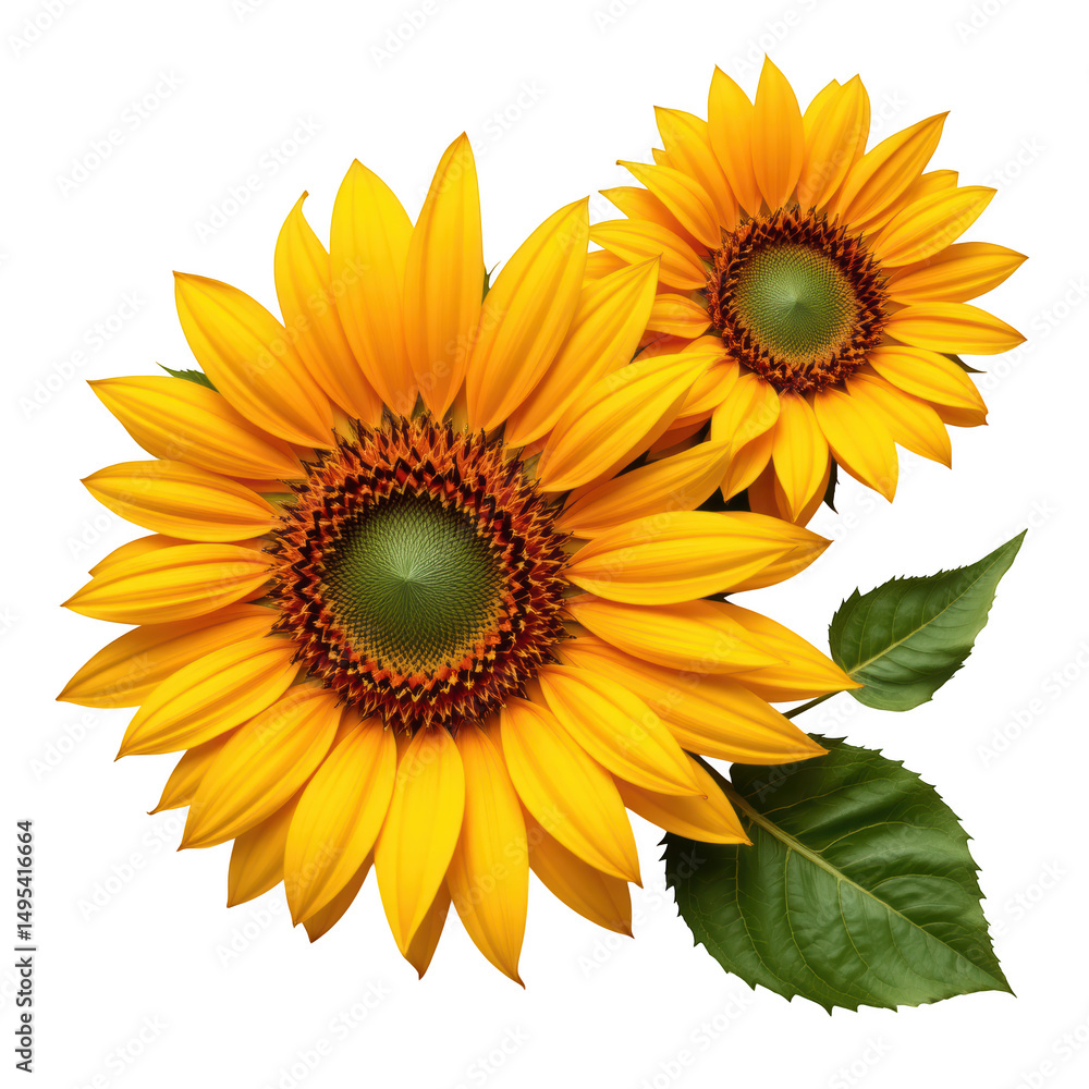 Fototapeta premium Sunflower with bright yellow petals and green leaves, vibrant and fresh, symbolizing warmth and happiness