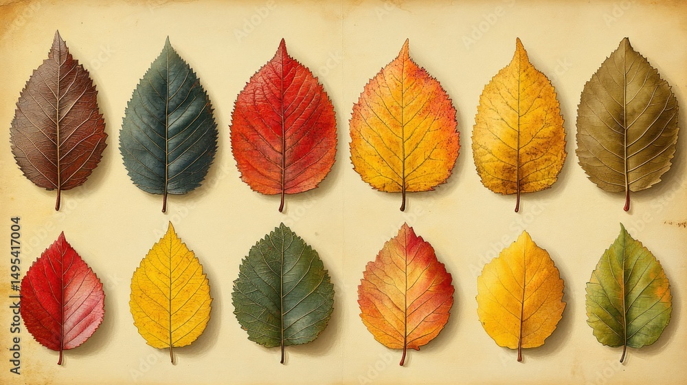 Obraz premium Botanical arrangement showcasing a gradient of deciduous leaves on aged parchment