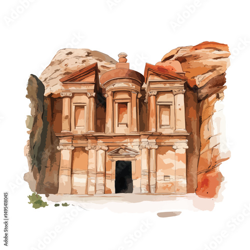 AlKhazneh Carved Facade in Petra Jordan Watercolor Style Illustration
