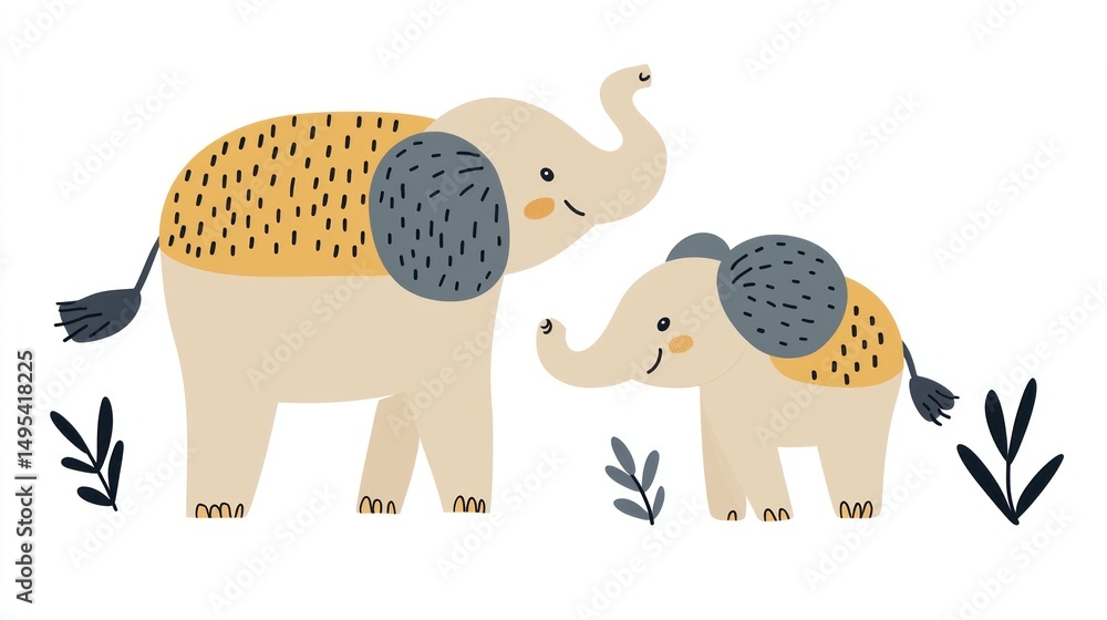 Obraz premium Mother and baby elephant playful interaction, nature background, children's illustration