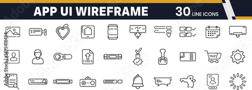 App UI Wireframe Icons Set with Clean Outline Design Including Buttons, Menus, Navigation Bars, Sliders, Forms, Toggles, Checkboxes, Search Bars, Notifications, User Profiles