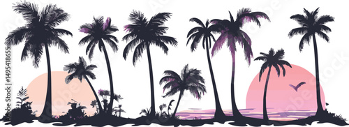 Tropical summer island sunset with palm tree silhouettes