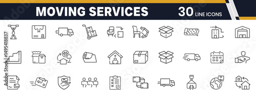 Moving Services Outline Icon Set with Boxes, Trucks, Packing, Relocation, Storage, Loading, Unloading, Transport, Delivery, and Moving Assistance Symbols for Business Use