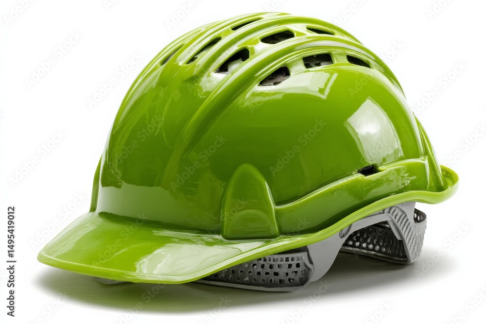 Fototapeta premium Bright green safety helmet designed for construction work and outdoor activities in urban settings