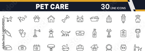 Pet Care and Animals Outline Icons Set Including Veterinary Services, Pet Grooming, Feeding, Walking, Training, and Animal Welfare Symbols