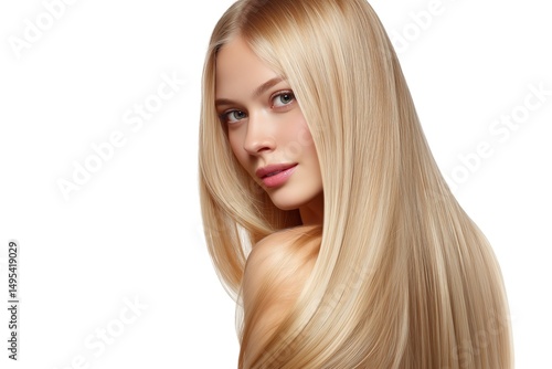 Close-up of young blonde woman with ultra-smooth straight hair looking over shoulder on white background.