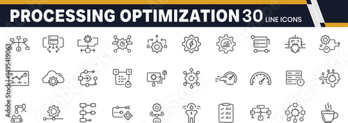 Processing Optimization Outline Icons Set Representing Efficiency, Workflow Improvement, Automation, Quality Control, and Industrial Enhancement Symbols