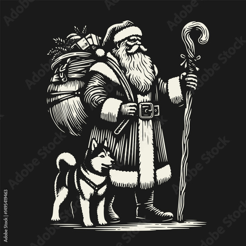 Vintage black and white linocut-style illustration of full-length Santa Claus with a sack. Hand-drawn, bold contrast, retro design, perfect for white-on-black holiday prints.