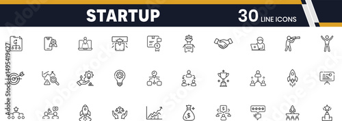 Startup and Entrepreneurship Outline Icons for Innovation, Business Launch, and Idea Development