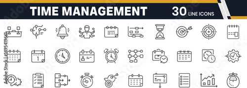 Minimal outline icon set for time management, planning, task organization and productivity tools