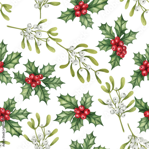 Christmas Holly and Mistletoe Repeating Background, Watercolor Holly and Mistletoe Seamless Pattern