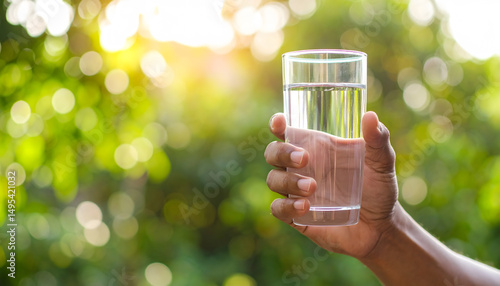 a person is holding up a tall clear glass of water against a background that suggests a warm outdoor