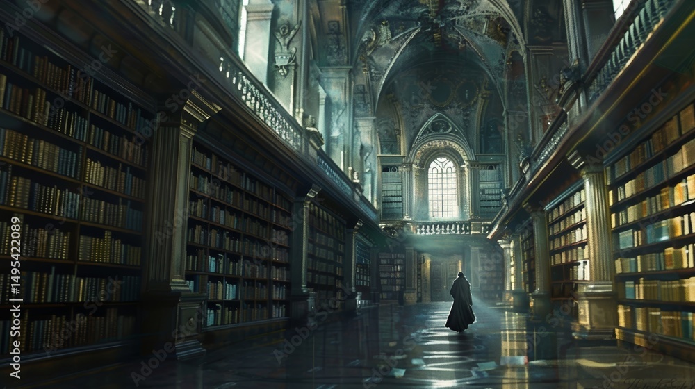 Fototapeta premium The interior of a vast library, its shelves reaching towards a high ceiling, filled with ancient books. A lone figure walks down an aisle, their silhouette cast by the soft light filtering in through 