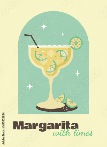 Poster with cocktail on light yellow  background with grunge texture . Margarita  cocktail. Banner for restaurant, cafe, bar, club, decorations. Poster in retro style. Flat vector illustration.