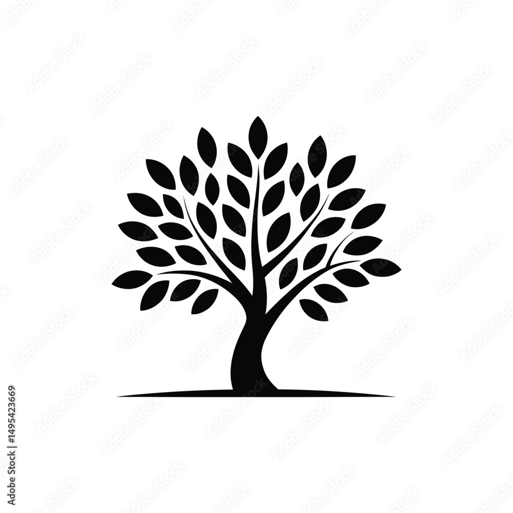 Fototapeta premium Isolated Black Tree with Simple Leaf Shape on White Background Design