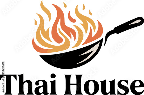 Spicy Thai food logo with flaming wok illustration. Great for restaurants, culinary brands, or Asian food startups.