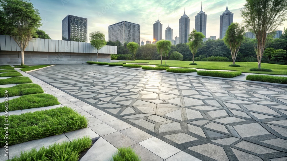 Obraz premium Modern Urban Park Pathway Design with Geometric Paving and Lush Green Landscaping Featuring a Skyline View at Sunset