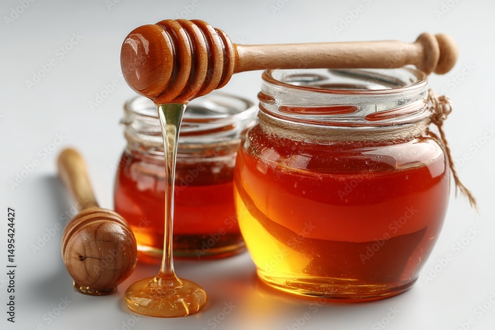 Delicious honey drips from a wooden dipper beside jars filled with amber liquid Delicious honey drips from a wooden dipper beside jars filled with amber liquid
