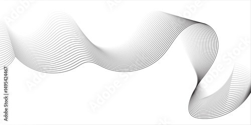 abstract background featuring a smooth, flowing wave made of thin black lines on a white background.The wave should have a three-dimensional appearance with gentle gradients and curves, giving a sense