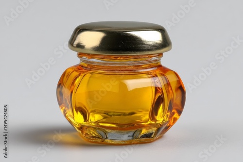 Small glass jar filled with golden honey on a clean surface, highlighting its rich color and reflectivity