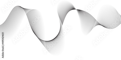 Create a minimalist abstract background featuring a smooth,monochrome wave pattern with fine gradient lines flowing across a white backdrop. The wave should appear elegant and dynamic, evoking a sense