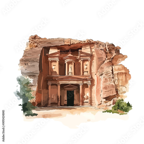 Artistic Rendering of AlKhazneh Petra Carved into Sandstone Cliffs
