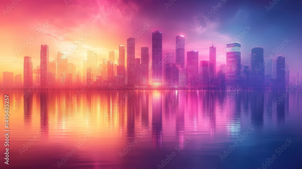 Vibrant cityscape at dawn, reflected in water, neon hues Vibrant cityscape at dawn, reflected in water, neon hues