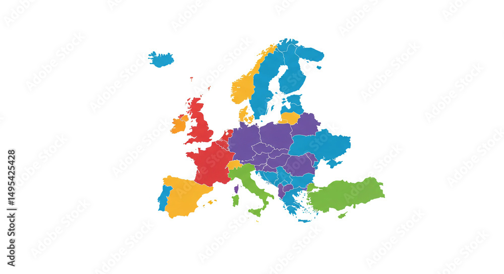 Obraz premium Colorful Europe map showing national borders and geographic regions clearly