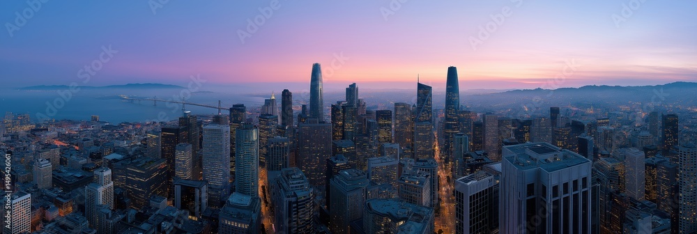 Fototapeta premium San francisco skyline at dusk with bay bridge and skyscrapers