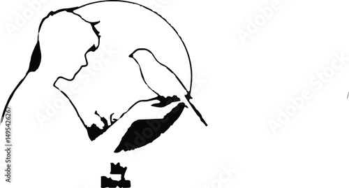 Vector art illustration of girl and man silhouettes with umbrella, birds, and spring nature design