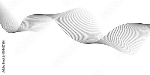 Create a minimalist abstract background featuring a smooth,monochrome wave pattern with fine gradient lines flowing across a white backdrop. The wave should appear elegant and dynamic, evoking a sense