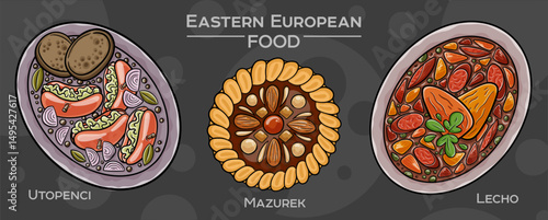 Hand-drawn vector depiction of a popular Eastern European traditional food set, displayed on a dark background