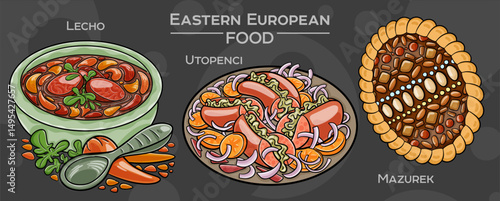 Hand-drawn vector depiction of a popular Eastern European traditional food set, displayed on a dark background