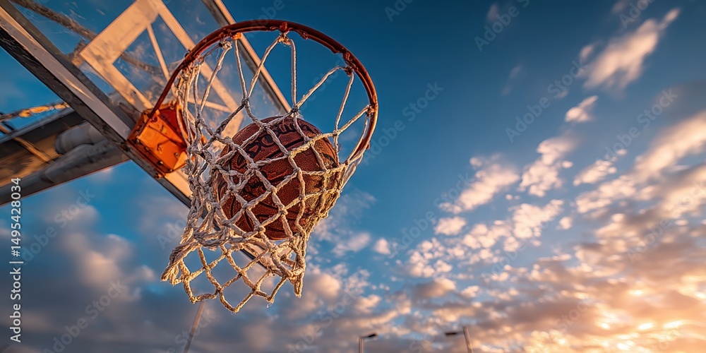 Clear Glass Basketball Backboard with Rim Against Blue Sky and Sunset Clear Glass Basketball Backboard with Rim Against Blue Sky and Sunset